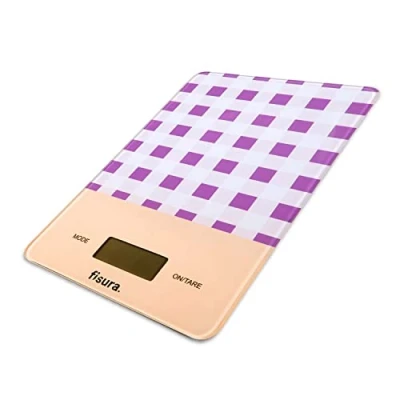 Image of FISURA Vichy Digital kitchen scales. Original electronic scales 5 kg / 11 lbs. letter with tare function. Glass and ABS. 15 x 22 cm. (Vichy lila)