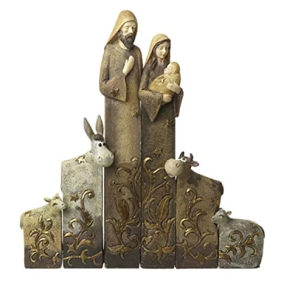 Image of Heaven Sends Christmas Decor Nativity Scene With Mary, Jesus, Joseph, Cow, Donkey &amp; 2 Sheep Gold Highlights