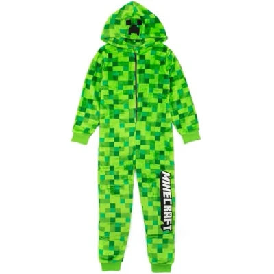 Image of Minecraft Creeper Onesie For Boys &amp; Girls Kids Green Soft Pixelated Sleepsuit with Face Hood Children’s Gamer All In One Pyjamas Gift