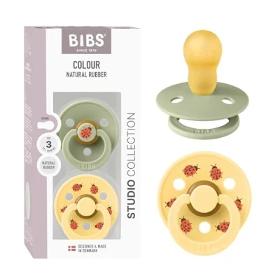 Image of BIBS Colour Studio Soother 2 Pack, BPA Free Dummy Pacifier, Round Nipple. Natural Rubber Latex, Made in Denmark, Size 3 (18+ Months), Sage/Pale Butter