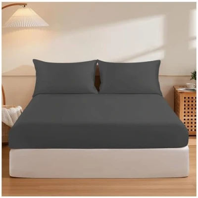 Image of Fitted Sheets Single Charcoal Polycotton Elasticated Corner Bed Sheet 10&quot;/(25CM) Deep Pockets Bottom (90 X 190 Cm) Machine Washable
