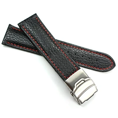Image of Sulla 24 mm Genuine Leather Watch Strap with Stainless Steel Folding Clasp Black Red Stitching, black, mm, Strap.
