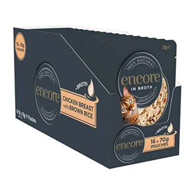 Image of Encore 100 Percent Natural Cat Food, Pouch Chicken &amp; Brown Rice in Broth 70g (16 x Pouches)