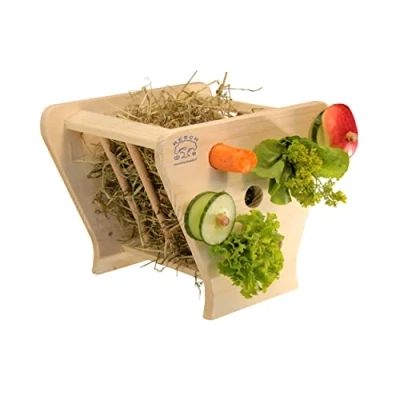Image of Resch No42 Natural Solid Spruce Wood with Perforated Wall and Round Rods for Putting or Hanging Snacks / Large Hay Rack Accessible from Two Sides 24 x 21.5 20 cm (L H W)