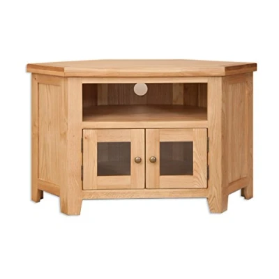 Image of Oak and Pine Online Chunky Solid 2 Door Glazed Corner Harrogate Natural Tv Cabinet Stand/Unit Living Room Furniture
