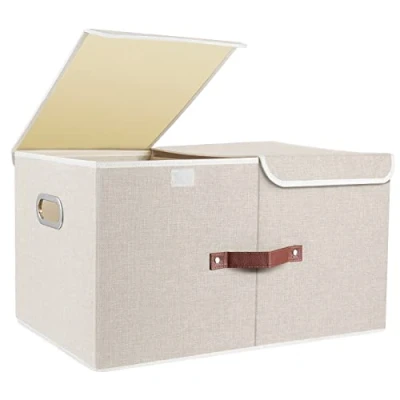 Image of TYEERS Extra Large Storage Box with Lids and Compartments, Collapsible, Washable, Fabric Lid for Clothes, Wardrobe Storage, 55x33x30 cm, Set of 1, Beige