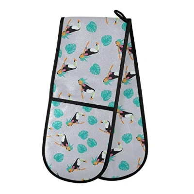 Image of PUXUQU Oven Gloves Double Mitts Gloves, Tropical Bird Toucans Palm Leaves Heat Resistant for Baking BBQ Kitchen Cooking