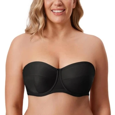 Image of Delimira Women&#039;s Strapless Bras Underwire Non Padded Support Multiway Bandeau Bra for Bigger Bust Black 42C