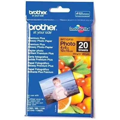Image of Brother BP71GP20 Photo Paper, 6 Inch x 4 Inch, Premium Plus Glossy, 15 cm (W) 10 (L), 20 Sheets, Genuine Supplies