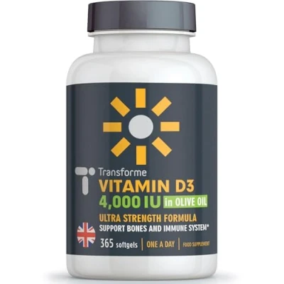 Image of Transforme Vitamin D3 4000 IU in Olive Oil, 365 Capsules 1 Year Supply, Maximum Strength High Absorption Softgels, Easy to Swallow Quadruple D Cholecalciferol Not Tablets