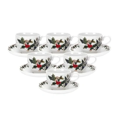 Image of Portmeirion Home &amp; Gifts The Holly Ivy Tea Cup and Saucer, Ceramic, Multi Colour, Set of 6