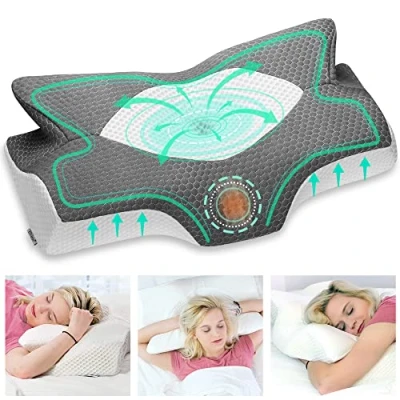 Image of Elviros Cervical Contour Memory Foam Orthopedic Pillow for Neck/Shoulder Pain Ergonomic Head Neck Support Side/Back/Stomach Sleepers with Removable Cover (Dark Grey)