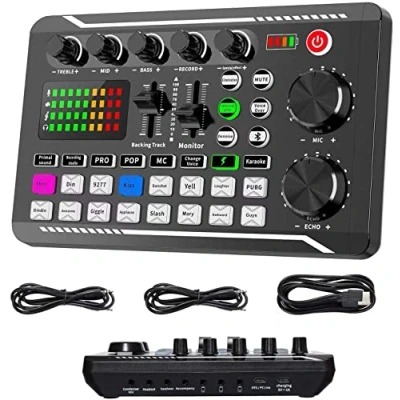 Image of Live Sound Card and Audio Interface with DJ Mixer Effects Voice Changer, F998 Bluetooth Stereo Mixer, for Youtube Streaming, PC, Recording Studio Gaming