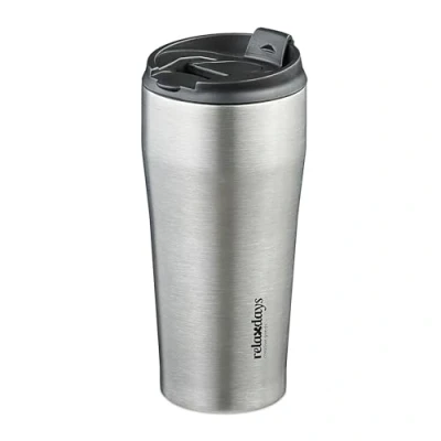 Image of Insulated Mug, 400 ml, for Hot &amp; Cold Drinks, Thermal Travel Flask, Coffee Cup, Stainless Steel, Silver/Black Relaxdays