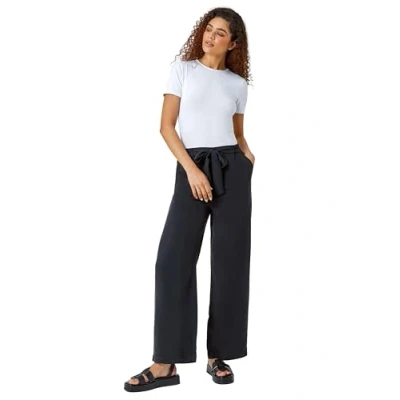 Image of Roman Originals Tie Waist Wide Leg Trousers for Women UK Ladies Everyday Holiday Spring Summer Comfy Soft Evening Vacation Work Party Black Size 20