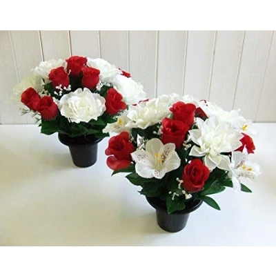 Image of Artificial Flower Arrangement in Crem Pot/Vase 30CM (PAIR, ONE OF EACH POT) (Red and Cream Rose)