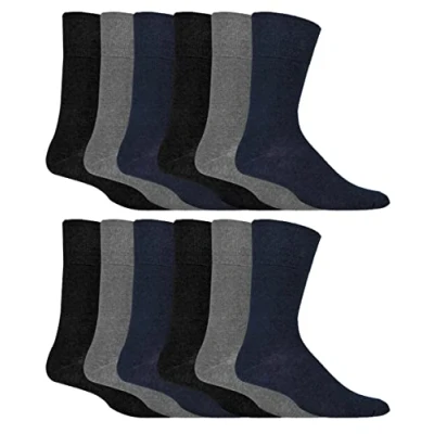 Image of IOMI 12 Pair Multipack Gentle Grip Top Diabetic Socks Mid Calf Loose Non Elastic Cotton with Handlinked Seamless Toe (UK, Numeric, 12, 14, Regular, Black/Navy/Grey)