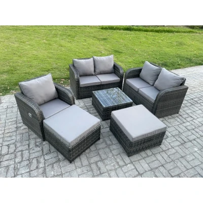 Image of 7 Seater High Back Rattan Garden Furniture Set with Square Coffee Table 2 Big Footstool Love Sofa Indoor Outdoor Patio Lounge Dark Grey
