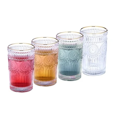 Image of Relaxdays Drinking Set of 4, Dishwasher Safe, 400ml Each, Vintage Glasses with Gold Rim and Pattern, Transparent, 13 x 8 cm