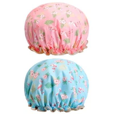 Image of 2 Pcs Bath Caps Elastic Band Double Layers Waterproof Shower With Ruffled Edge Covering Ears Keeping Hair Dry Kitchen Oil proof Cap for Girls and Women