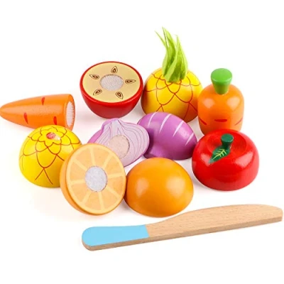Image of Wondertoys Wooden Cutting Fruits Vegetables Food Toy Set Wood Pretend Role Play Kitchen Learning for Toddlers Boys Girls Kids Early Education
