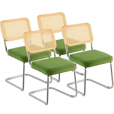 Image of VEVOR Rattan Chairs, Set of 4, Mid Century Modern Dining Chair, Upholstered Velvet Accent Chair with Back, Retro Room Kitchen for Living Room, Bedroom, Reading Office, Green