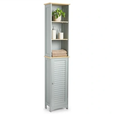 Image of VonHaus Tall Bathroom Cabinet Grey Tallboy with Adjustable Shelves Storage Shutter Style Door, 3 Internal &amp; Open for Kitchen Hallway Shrewsbury
