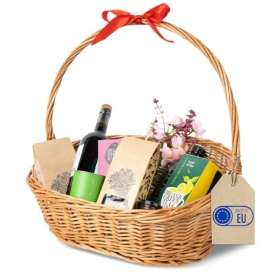 Image of Creative Home Large Wicker Basket with Handle for Gift Hamper 45x32x43cm (+/ 1cm) Oval Light Oblique Natural Thick Willow Woven Picnic Fruit Party Wedding Flower Girl