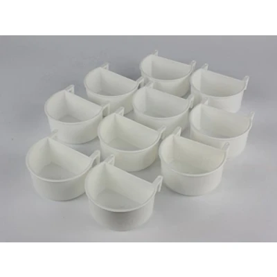 Image of WHITE PLASTIC D CUP FEEDER DRINKER x 10 WITH HOOKS FOR CAGE FRONT OR AVIARY MESH