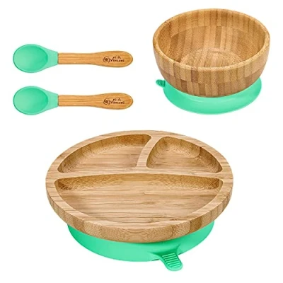 Image of Vinsani Bamboo Bowl, Round Plate and Spoon Set for Baby/Toddler, Suction Plate, Stay Put Design, Hypoallergenic BPA Free (Green)