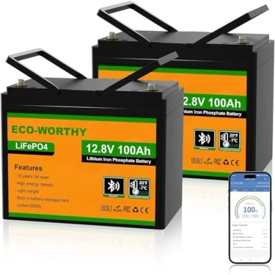 Image of ECO WORTHY 2Pack 12V 100AH LiFePO4 Battery for RV, Boat, Camping,Off Grid System Group 24 Size with Bluetooth &amp; Low Temp Protection