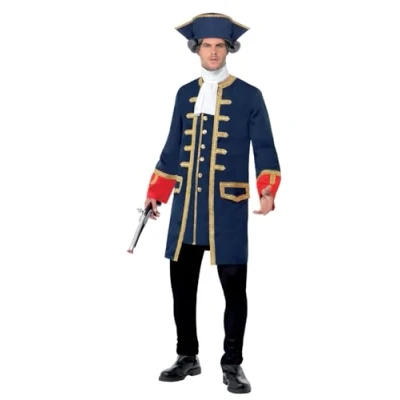 Image of Smiffys Pirate Commander Costume, Blue with Coat, Cravat and Hat, Fancy Dress, Dress Up Costumes