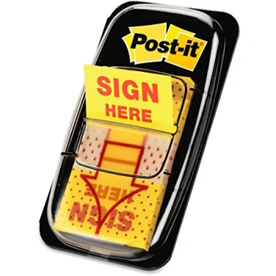 Image of Post it Message Sign Here Flags Value Pack, 50/Dispenser, 12 Dispensers/Pack, 1 in Wide, Yellow (680 SH12)