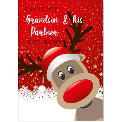 Image of doodlecards Grandson and Partner Christmas Card Rudolph in Snow Large A4 Size for &amp; with Plain Envelope