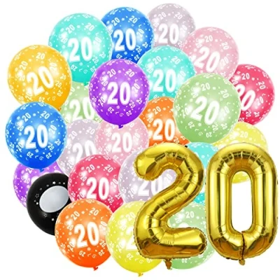 Image of 20th Birthday Balloons,Gold Number 20 Balloon and 20pcs 12&quot; Multicoloured Numbers Printed Latex Age Balloons,Birthday Balloons for Women Men Decorations,20th Anniversary Party Supplies