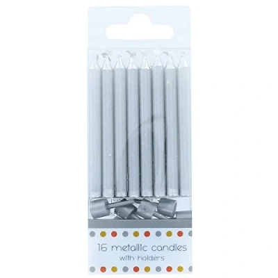 Image of Culpitt Metallic Silver Candles with Holders 60mm Birthday Candles, Pack of 16