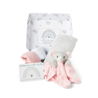 Image of Baby Box Shop 5 Newborn Essentials Ideal as Shower Gifts &amp; Christening for Girls, Includes a Pink Elephant Comforter, Fleece Blanket, 2X Muslin Cloths Gift Message Card