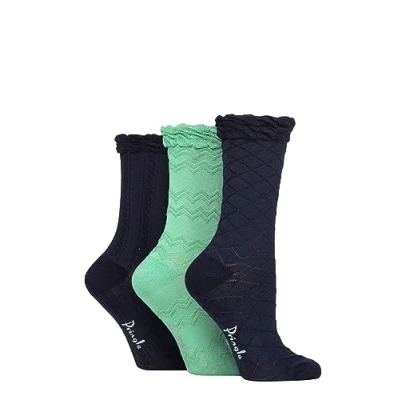 Image of Women&#039;s 3 Pair Pringle Cotton Textured Knit Socks Navy / Green 4 8