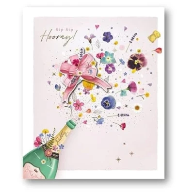 Image of Wildflower Press Open Female Birthday Card from Paper House Champagne and Flowers, Hooray! Foil Embossed Finish for Her