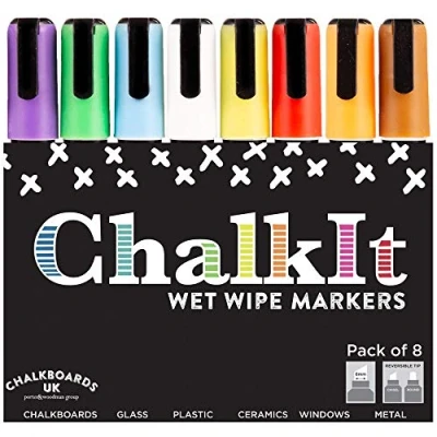 Image of Wet Wipe Liquid Chalk Pens, Chalkboard markers, Blackboard pens (Assorted Colours Pack of 8, 6mm)