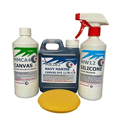 Image of Carbusonic Dark Blue convertible roof dye, soft top hood canvas restorer, restores colour to fabrics. (2lt kit)
