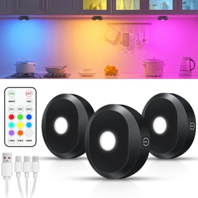 Image of WILLED RGB Puck Lights,Rechargeable Under Cabinet Kitchen Lights with Remote Control, Wireless Counter Light Timer Function,Dimmable LED Touch for Kitchen,Cabinet,Closet,3 Pack