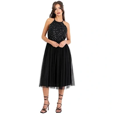 Image of Maya Deluxe Women&#039;s Ladies Midi Dress with Halter Neck Tulle for Evening Graduation Prom Wedding Bridesmaids Ball Gown, Black, 44