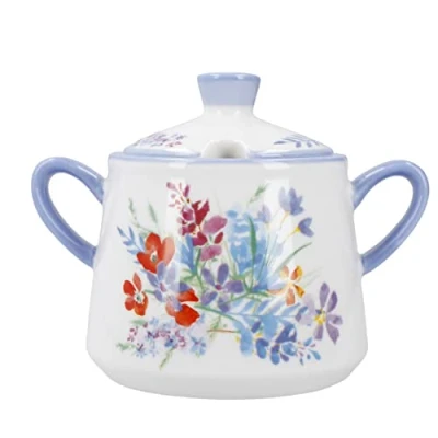 Image of London Pottery Viscri Meadow Lidded Sugar Bowl, Ceramic, Almond Ivory/Cornflower Blue, 13 x 8 10 cm