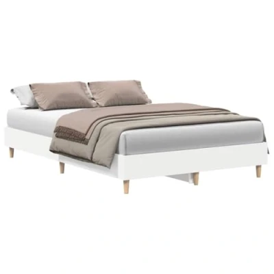 Image of vidaXL Double Bed Frame White 135x190 cm Engineered &amp; Eucalyptus Wood, Slatted Base for Modern Bedroom