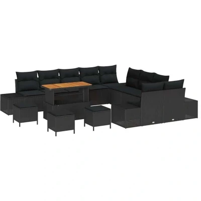 Image of vidaXL 14 Piece Garden Sofa Set with Cushions Black Poly Rattan Acacia