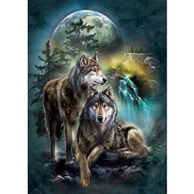 Image of OWN4B Cross Stitch Kits Stamped, Wolf Moon Night Printed Pattern 11CT 14.2x18.1 inch DIY Embroidery Kit (Wolf)
