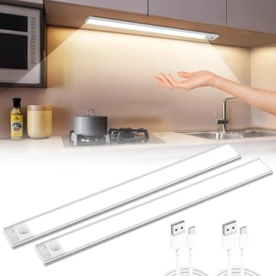 Image of COOLNIGHT Under Unit Light Kitchen LED Battery with Motion Sensor [Pack of 2], 41 cm + USB Rechargeable 90 Cabinet Lighting Wireless, Magnetic Base Strip