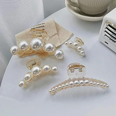 Image of Hair Claw Clips for Women Large Pearl Jaw Fashion Girls Plastic Catch Thick or Thin (4 Packs)