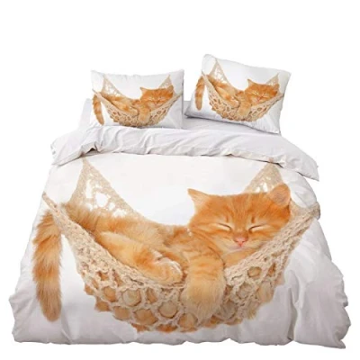 Image of Sticker Superb. Animal 3D Bedding Set Soft Microfiber Polyester Zipper Duvet Cover with Pillowcase 50x75 cm Boy Girl Quilt Single Double King Size, Orange Cat (Orange,Double 200x200 cm)